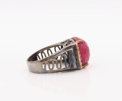 925 Sterling Silver Vintage Ring Diamonds & Gemstone Cutout Band  Sz 7  RG30792