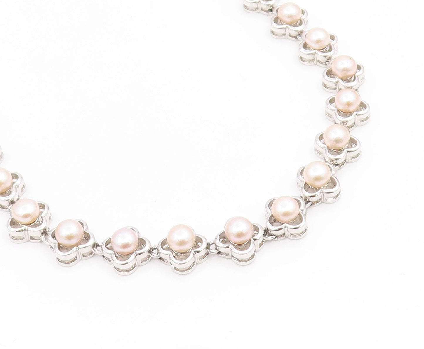 925 Sterling Silver Vintage Necklace Round Pearl Elegant Floral Chain  NE4810
