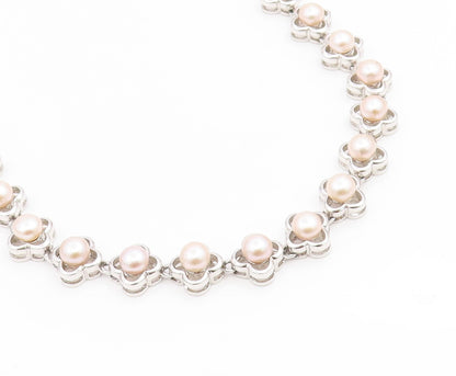 925 Sterling Silver Vintage Necklace Round Pearl Elegant Floral Chain  NE4810