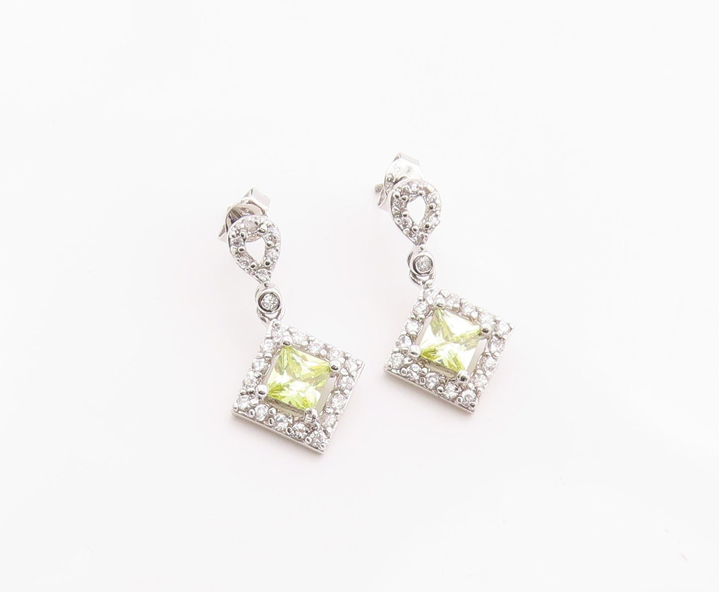 925 Sterling Silver Vintage Earrings Peridot & Halo CZ Geometric Drop  EG14366