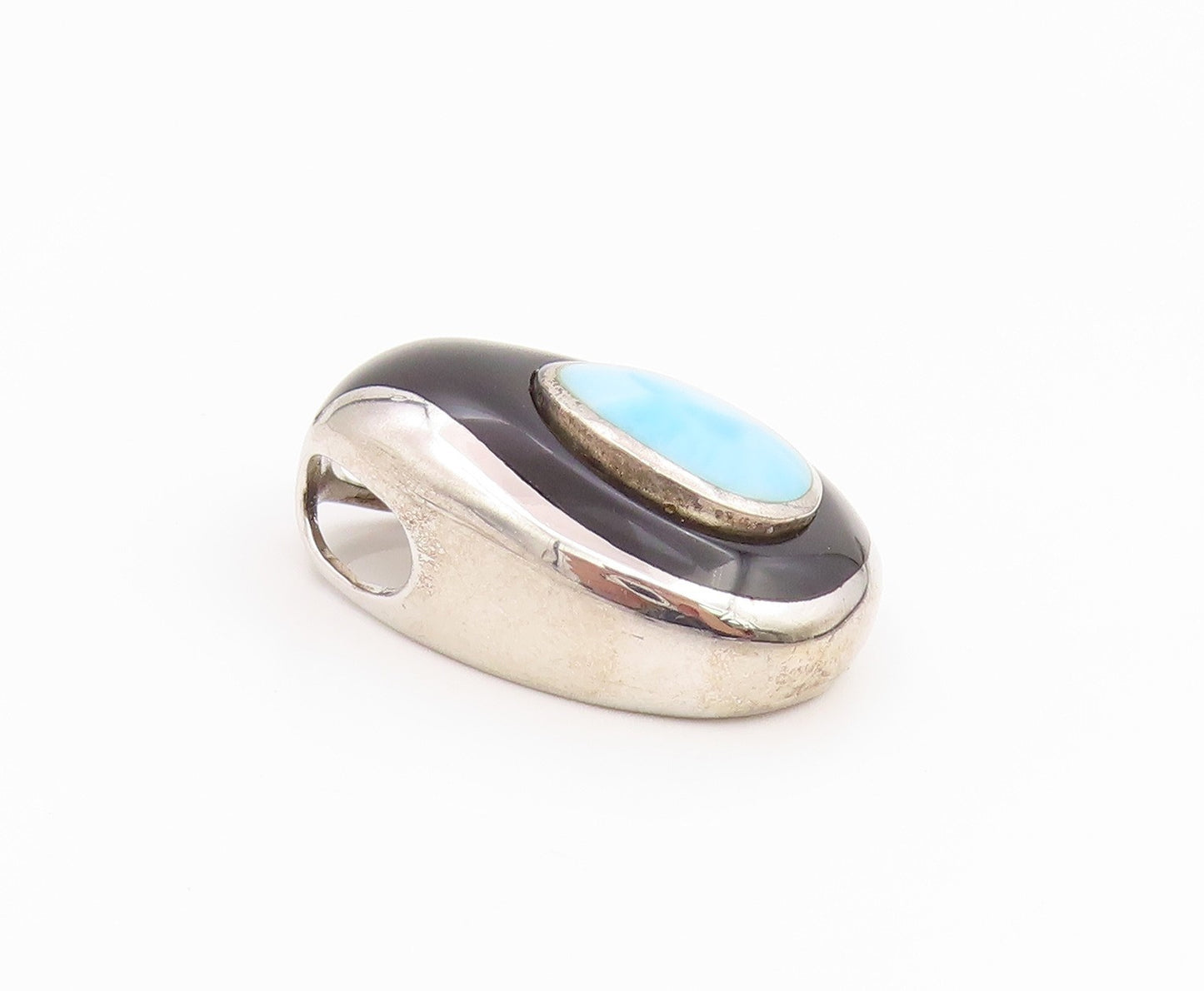 925 Sterling Silver Vintage Pendant Cabochon Larimar & Onyx Slide Charm  PT25971