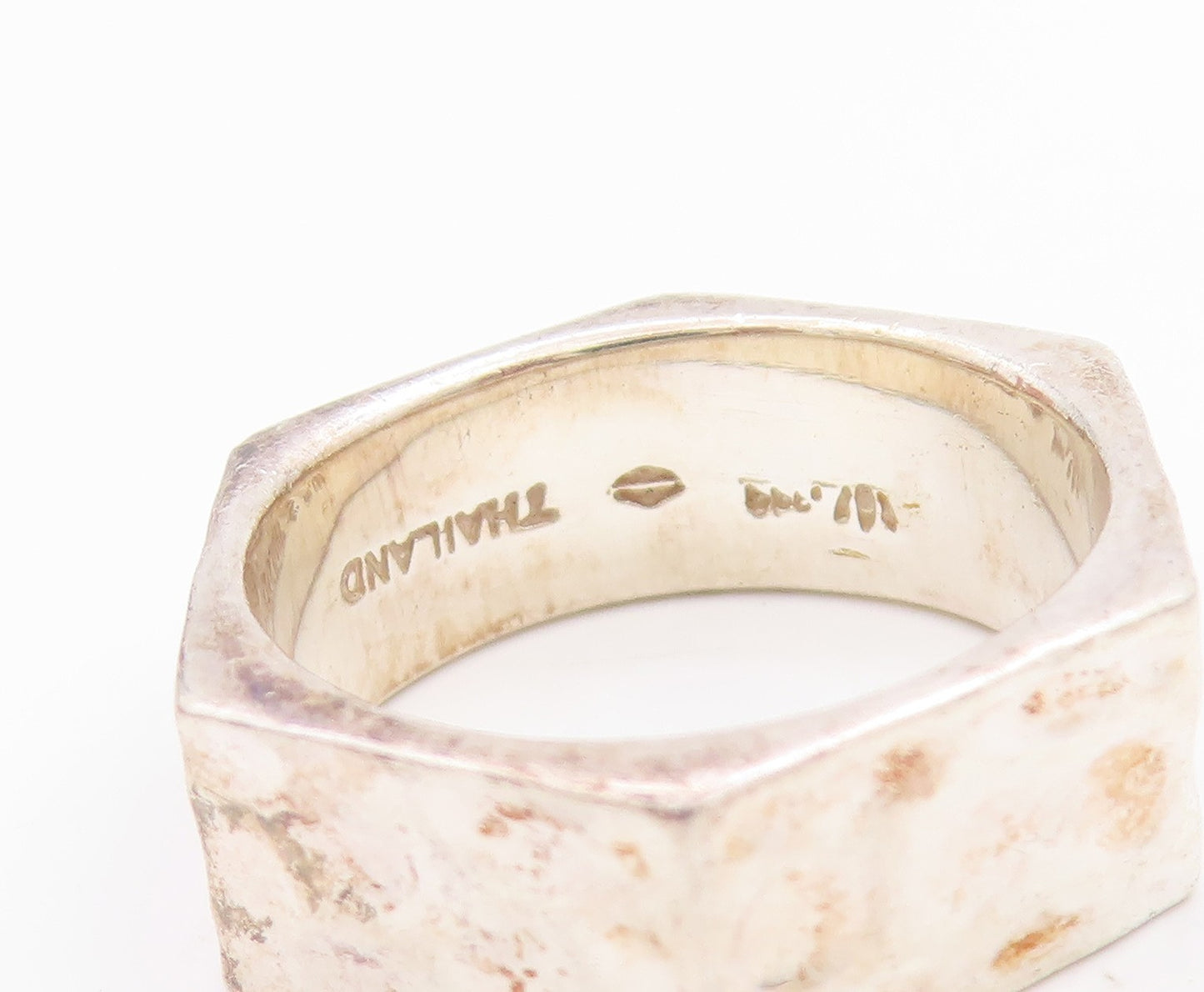 925 Sterling Silver Vintage Ring Brutalist Carved Hexagonal Cut  Sz 7  RG33406