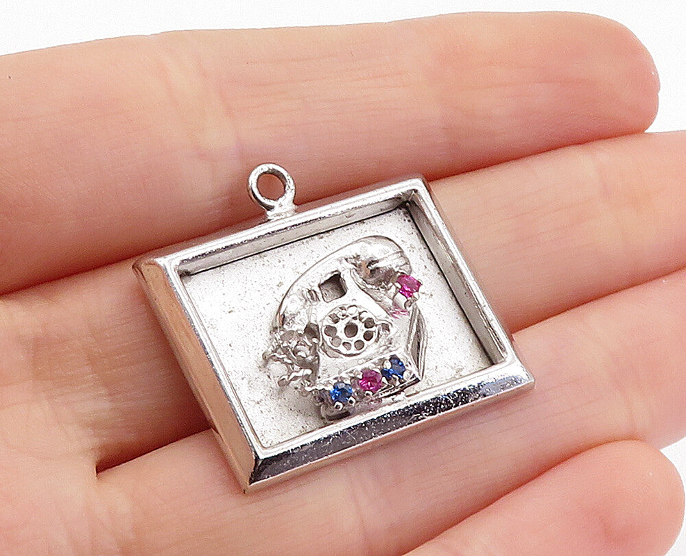 925 Sterling Silver  Vintage Pink & Blue Topaz Telephone Motif Pendant  PT3961