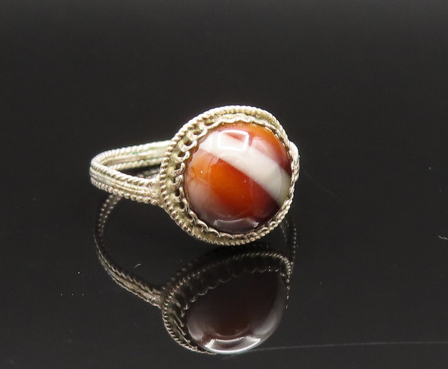 925 Sterling Silver Vintage Antique Brown Agate Twisted Rope Ring Sz 6 RG25631