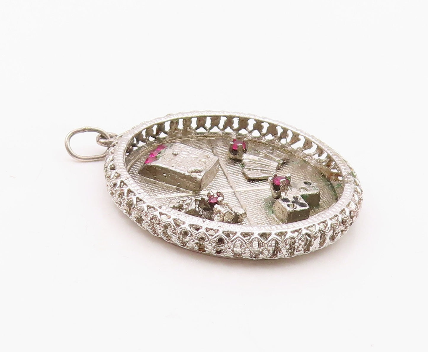 925 Sterling Silver  Vintage Pink Topaz Gamblers Good Luck Pendant  PT18631