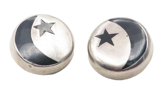 MEXICO 925 Sterling Silver Vintage Black Onyx Moon & Stars Earrings EG5940
