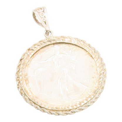 925 Sterling Silver Vintage Pendant One Dollar Twisted Rope Medallion  PT26212