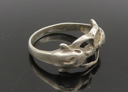 925 Sterling Silver  Vintage Double Dolphin Love Heart Band Ring Sz 6  RG22790