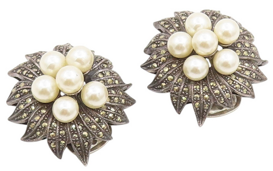 925 Sterling Silver Vintage Earrings Pearl & Marcasite Floral Clip On  EG13802