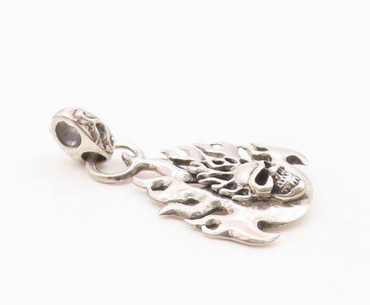 925 Sterling Silver  Vintage Skeleton Head & Fire Flames Pendant  PT18614