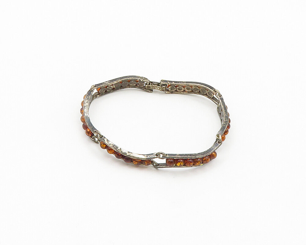 925 Sterling Silver  Vintage Cabochon Cut Amber Bar Chain Bracelet  BT7893