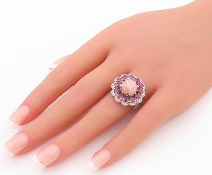 925 Sterling Silver Vintage Ring Drop Cut CZ & Rhodochrosite Flower Sz 5 RG32226