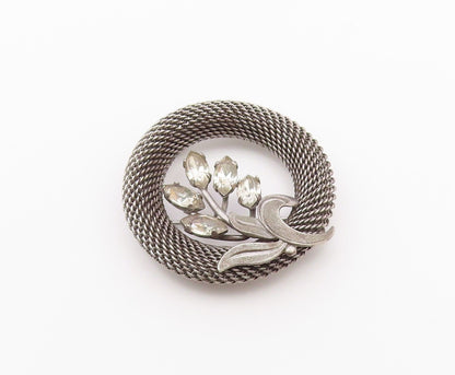 925 Sterling Silver  Vintage Round Mesh Topaz Flower Pedals Brooch Pin  BP9581