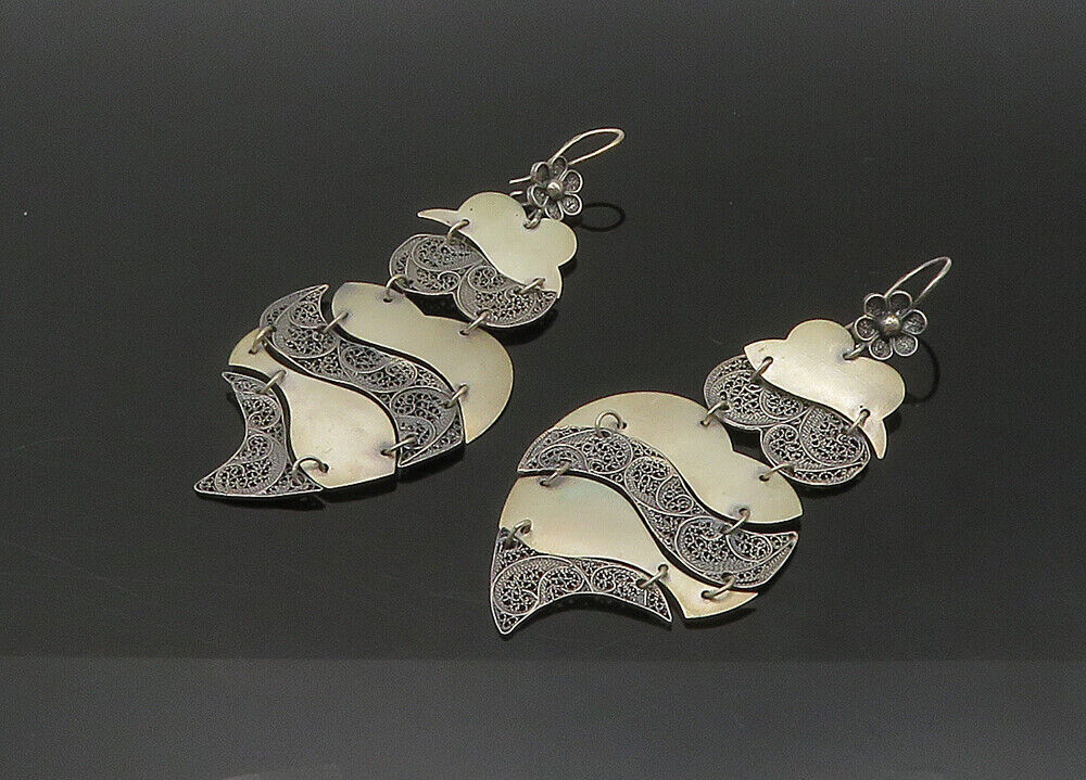 925 Sterling Silver  Vintage Dark Tone Floral Swirl Dangle Earrings  EG10816
