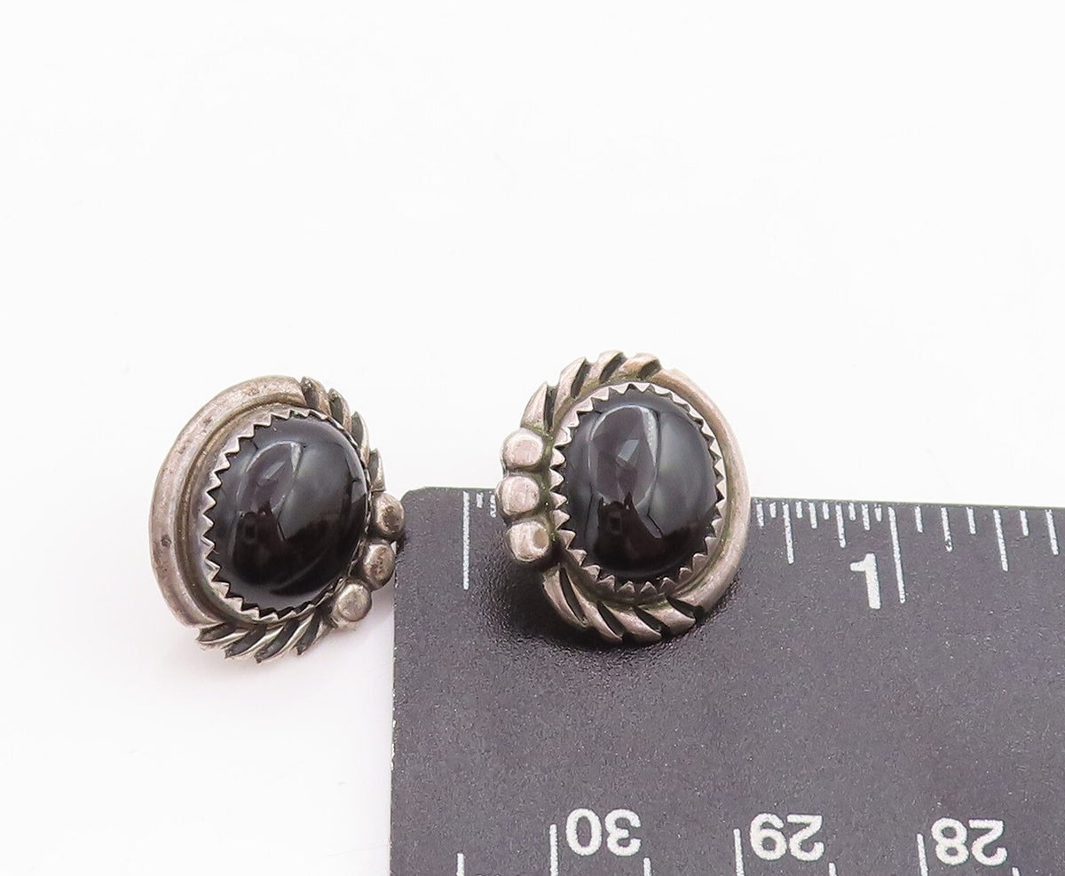 925 Sterling Silver Vintage Earrings NAVAJO Cabochon Onyx Halo Carved  EG13119