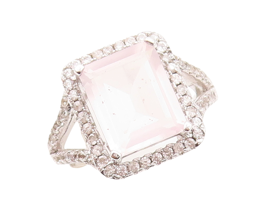 925 Sterling Silver Vintage Ring Rectangle Cut Pink Gemstone & CZ  Sz 7 RG30518