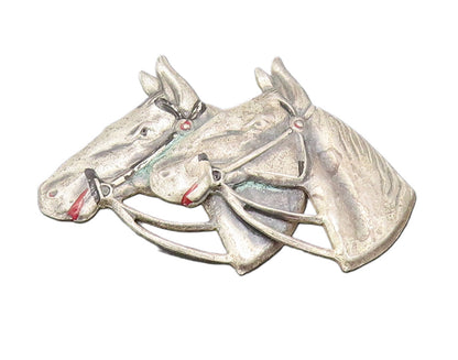 UNCAS 925 Silver  Vintage Antique Solid Carved Horse Faces Brooch Pin  BP10493
