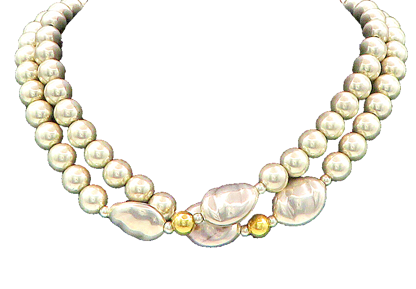 925 Sterling Silver  Vintage Heavy Polished Two Tone Beaded Necklace  NE2936
