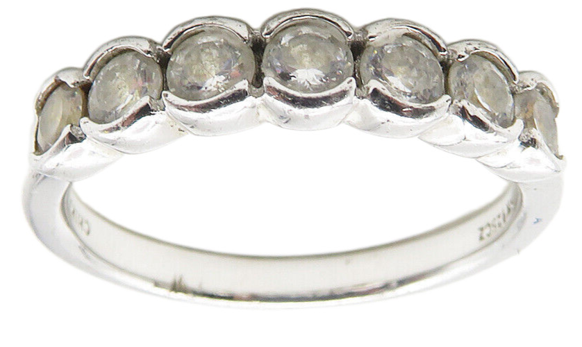 925 Sterling Silver  Shiny Round White Topaz7 Stone Band Ring Sz 9  RG11558