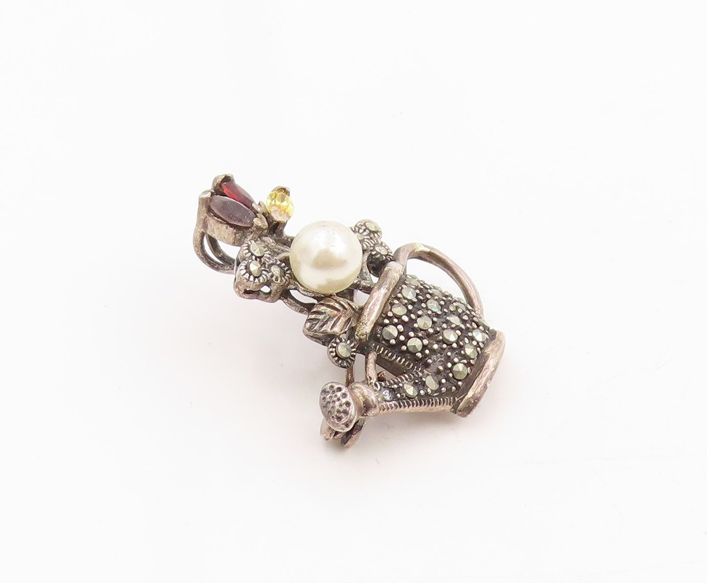 925 Sterling Silver Vintage Brooch Pearl & Multi Gemstone Watering Can  BP12026