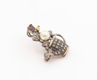 925 Sterling Silver Vintage Brooch Pearl & Multi Gemstone Watering Can  BP12026