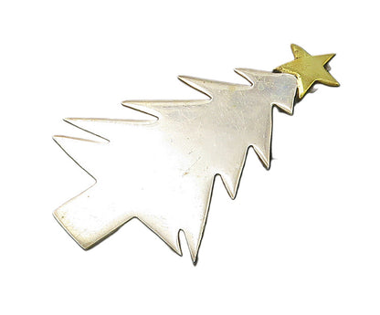 MEXICO 925 Silver  Vintage Two Tone Christmas Tree & Star Brooch Pin  BP8743