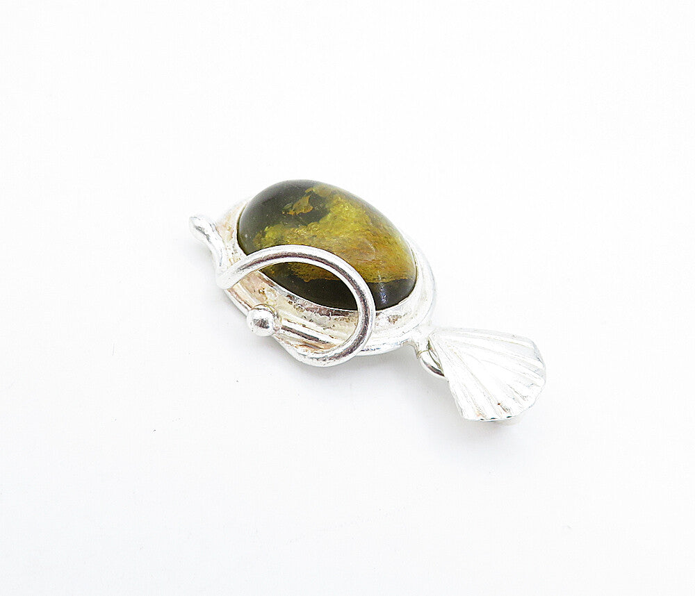 925 Sterling Silver  Vintage Cabochon Cut Lemon Amber Scalloped Pendant PT2987