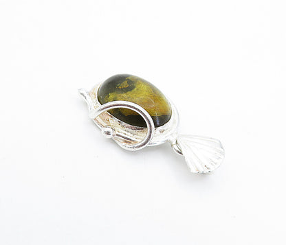 925 Sterling Silver  Vintage Cabochon Cut Lemon Amber Scalloped Pendant PT2987