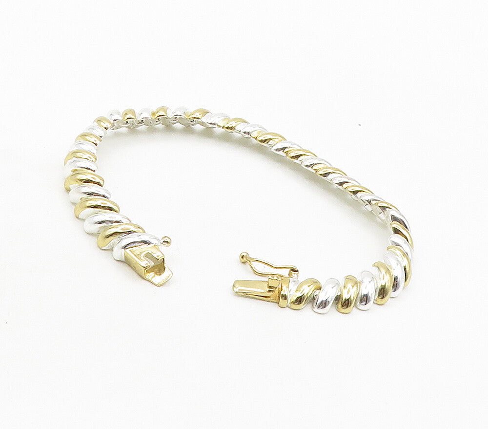 925 Sterling Silver  Shiny Polished Two Tone Dome Link Chain Bracelet  BT6115