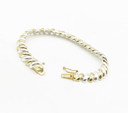 925 Sterling Silver  Shiny Polished Two Tone Dome Link Chain Bracelet  BT6115