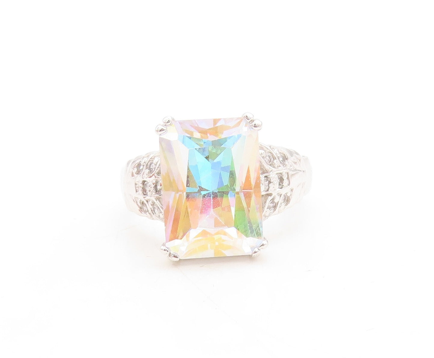 925 Sterling Silver Vintage Ring Rectangle Cut Mystic Stone & CZ  Sz 8  RG31180