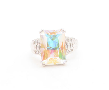 925 Sterling Silver Vintage Ring Rectangle Cut Mystic Stone & CZ  Sz 8  RG31180