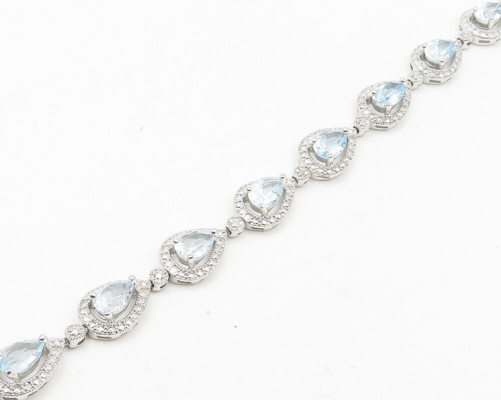 925 Sterling Silver  Shiny Genuine Diamond & Blue Topaz Chain Bracelet  BT7254