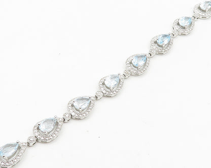 925 Sterling Silver  Shiny Genuine Diamond & Blue Topaz Chain Bracelet  BT7254