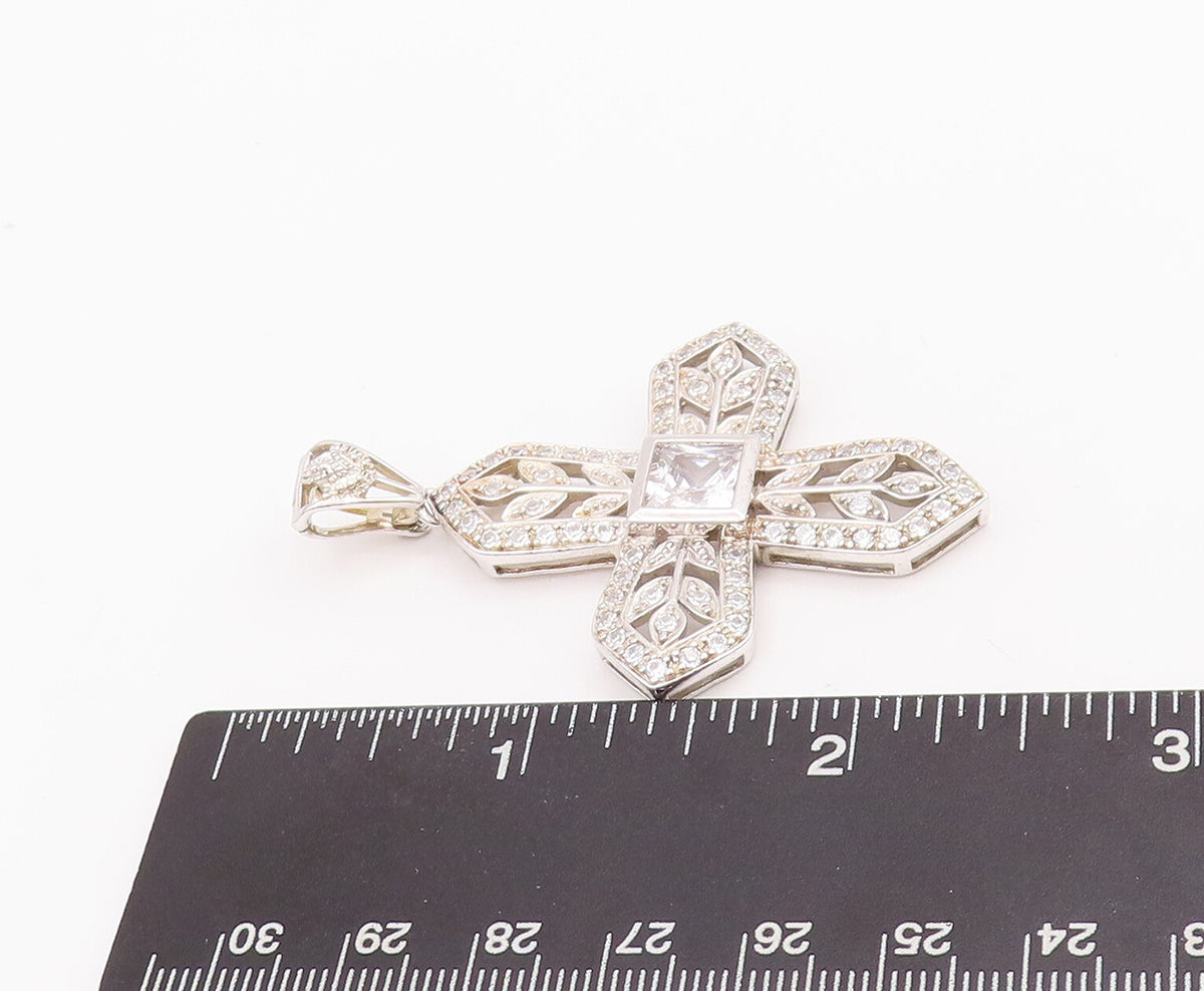 925 Sterling Silver Vintage Pendant CZ Beaded Floral Carved Cross "X"  PT22853