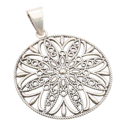 925 Sterling Silver  Vintage Shiny Open Floral Twist Round Pendant  PT10615