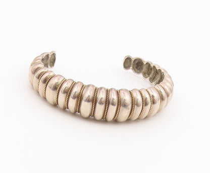 14k Gold & 925 Sterling Silver Vintage Bracelet Chunky Fluted Dome Cuff  BT12143