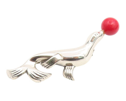 925 Sterling Silver Vintage Brooch Pin LANG Circus Seal With Red Ball  BP12442