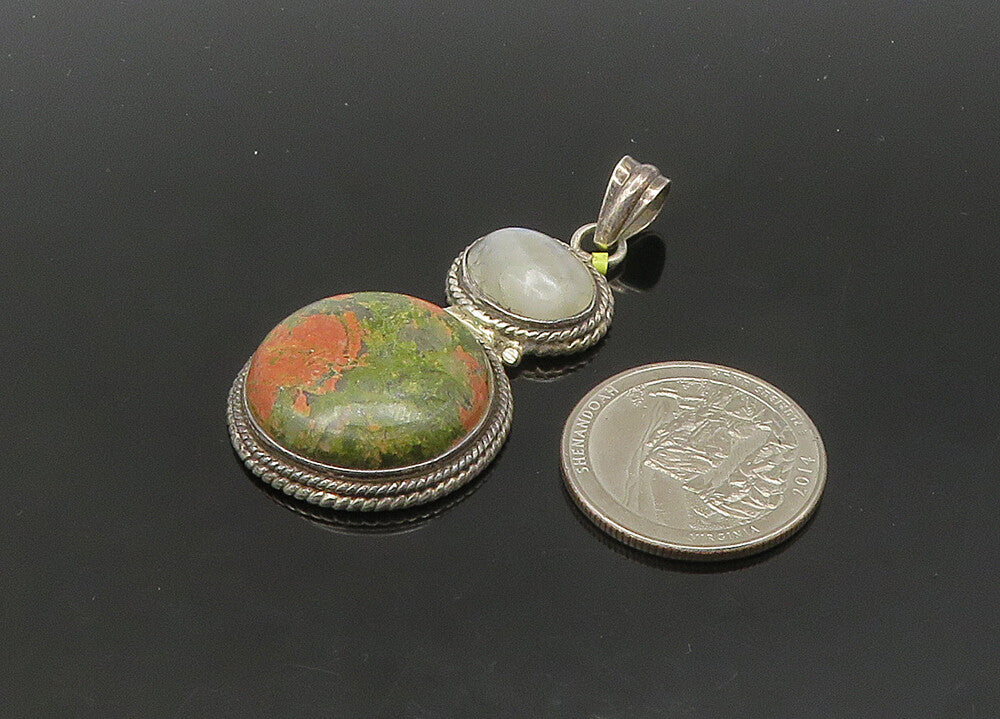 925 Sterling Silver  Vintage Cabochon Cut Unakite & Moonstone Pendant  PT17166