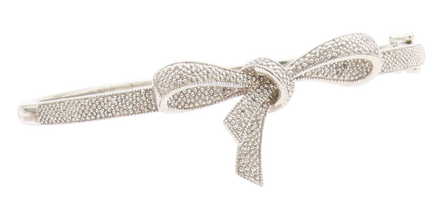 925 Sterling Silver Vintage Bracelet Genuine Diamonds Ribbon Bow Bangle  BT11803