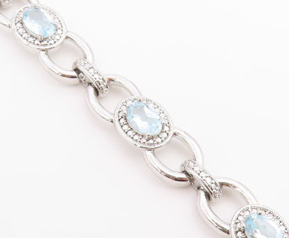 925 Sterling Silver Vintage Bracelet Oval Cut Blue Topaz Statement Chain BT12230