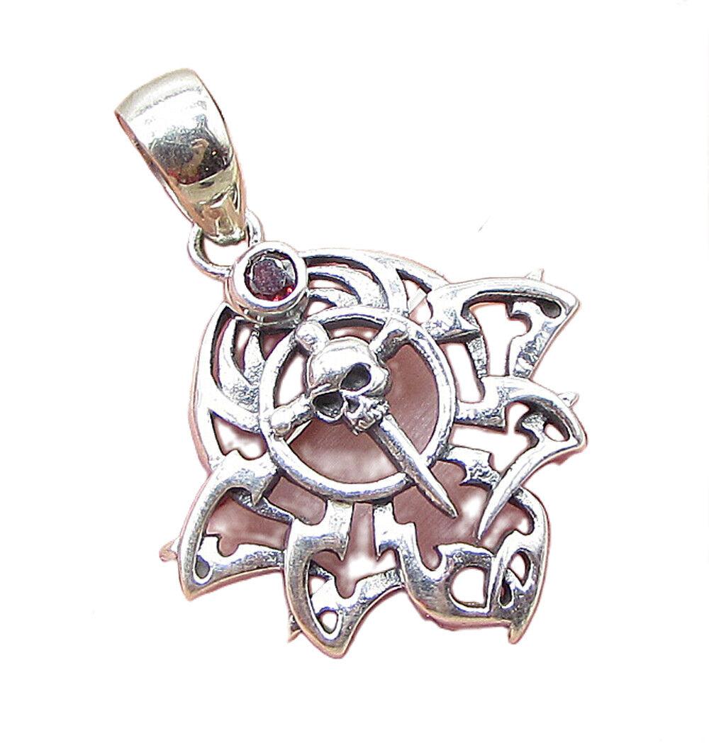 925 Sterling Silver  Vintage Red Garnet Skull Dagger Drop Pendant  PT1419