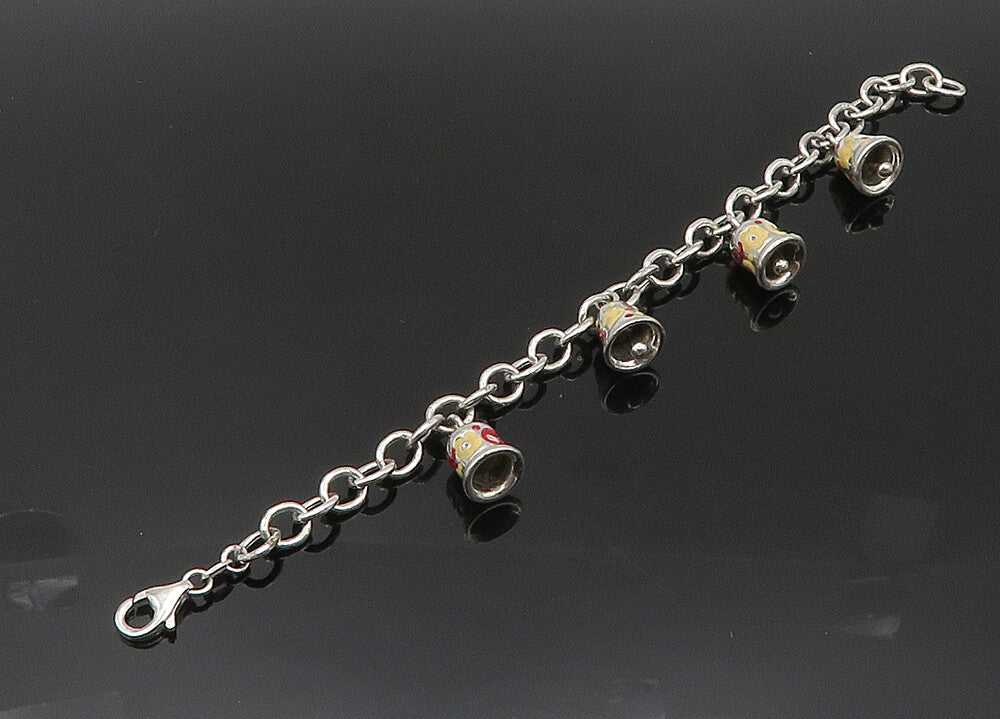 925 Sterling Silver  Vintage Enamel Floral Bell Charms Chain Bracelet  BT8380