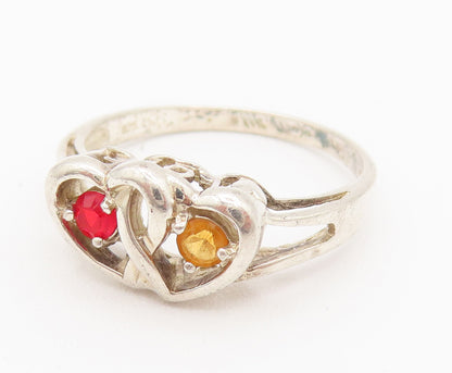 925 Silver  Vintage Dainty Orange & Red Topaz Love Heart Ring Sz 8.25  RG26153
