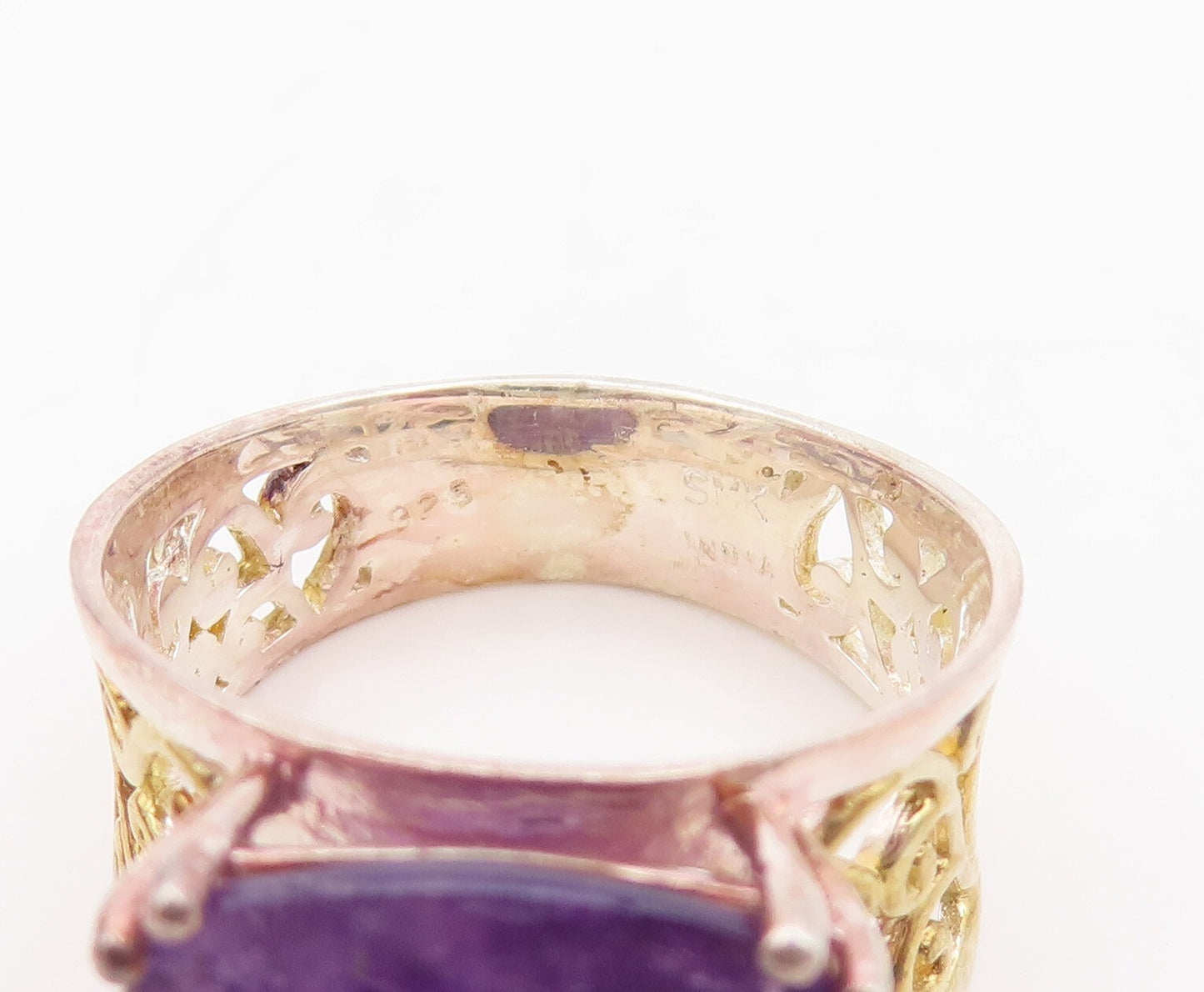 925 Sterling Silver Vintage Ring Swirly Cutout Square Amethyst  Sz 7  RG29465
