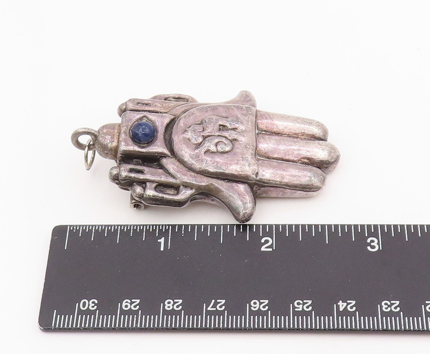 925 Sterling Silver Vintage Brooch FRANK MEISLER Lapis Lazuli Eyed Hamsa BP12074