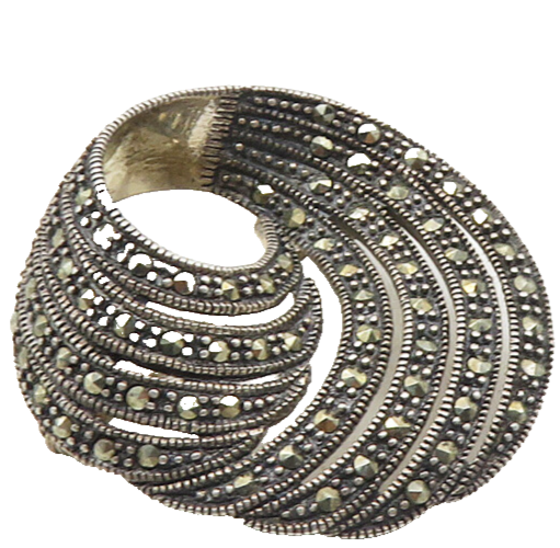 925 Sterling Silver  Vintage Marcasite Dark Tone Round Swirl Brooch Pin BP3823