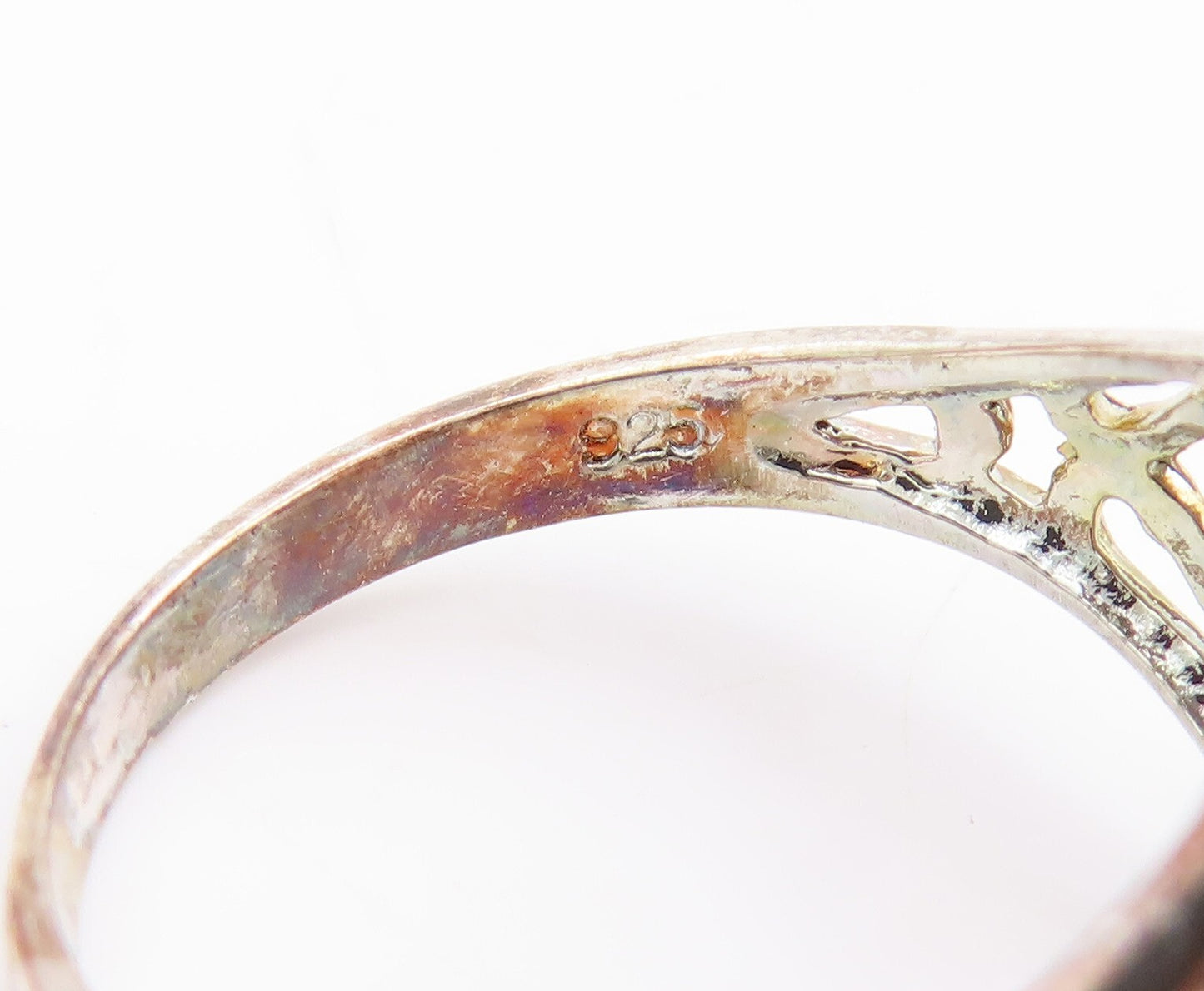 925 Sterling Silver Vintage Ring Heart Cutout Oval Amethyst  Sz 6.5  RG29673