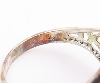 925 Sterling Silver Vintage Ring Heart Cutout Oval Amethyst  Sz 6.5  RG29673
