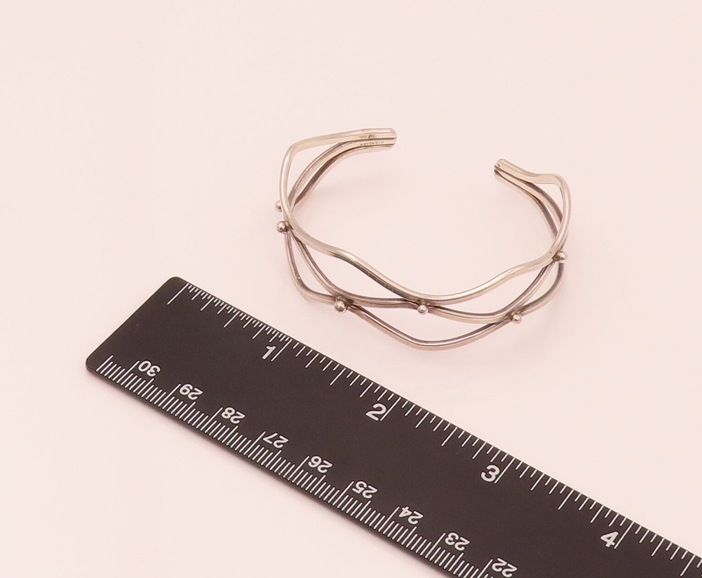 925 Sterling Silver  Vintage Three Strand Wave Beaded Cuff Bracelet  BT9810